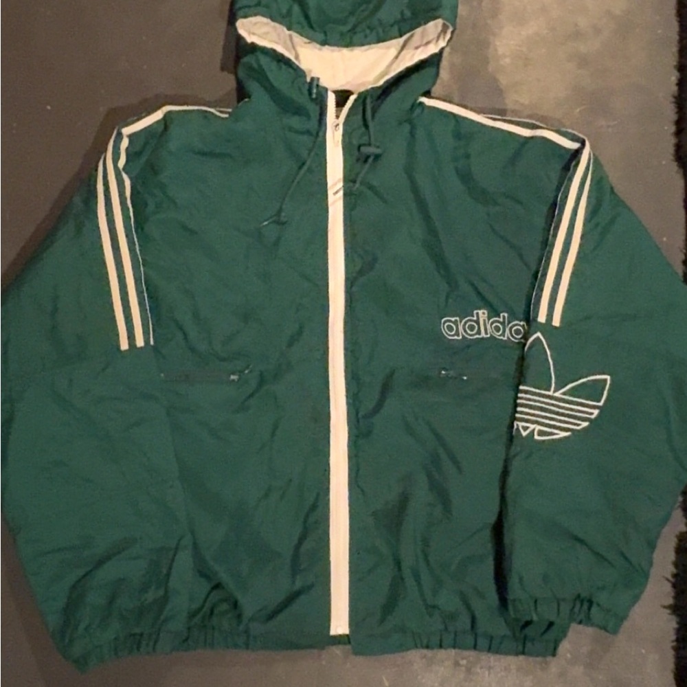 Vintage 1990s Adidas Forest Green Windbreaker with White Trim